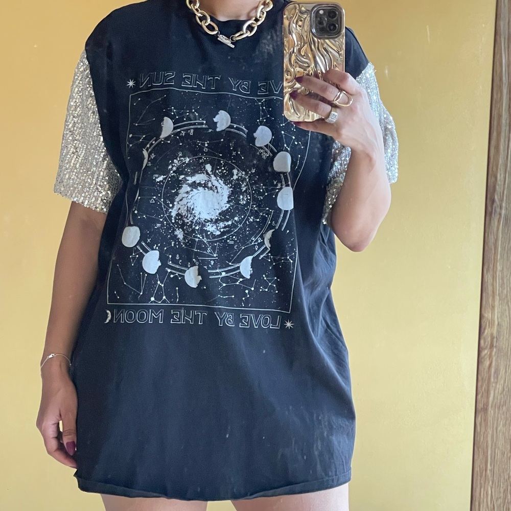 Celestial Moon Phase Graphic Tee Dress - Black with Silver Sleeves